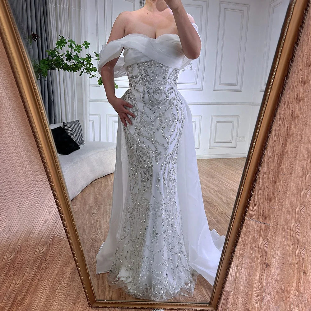 Arabic White Beaded Mermaid Elegant With Overskirt Luxury Dubai Evening Dresses Gowns for Women's Party 2025 LA72398
