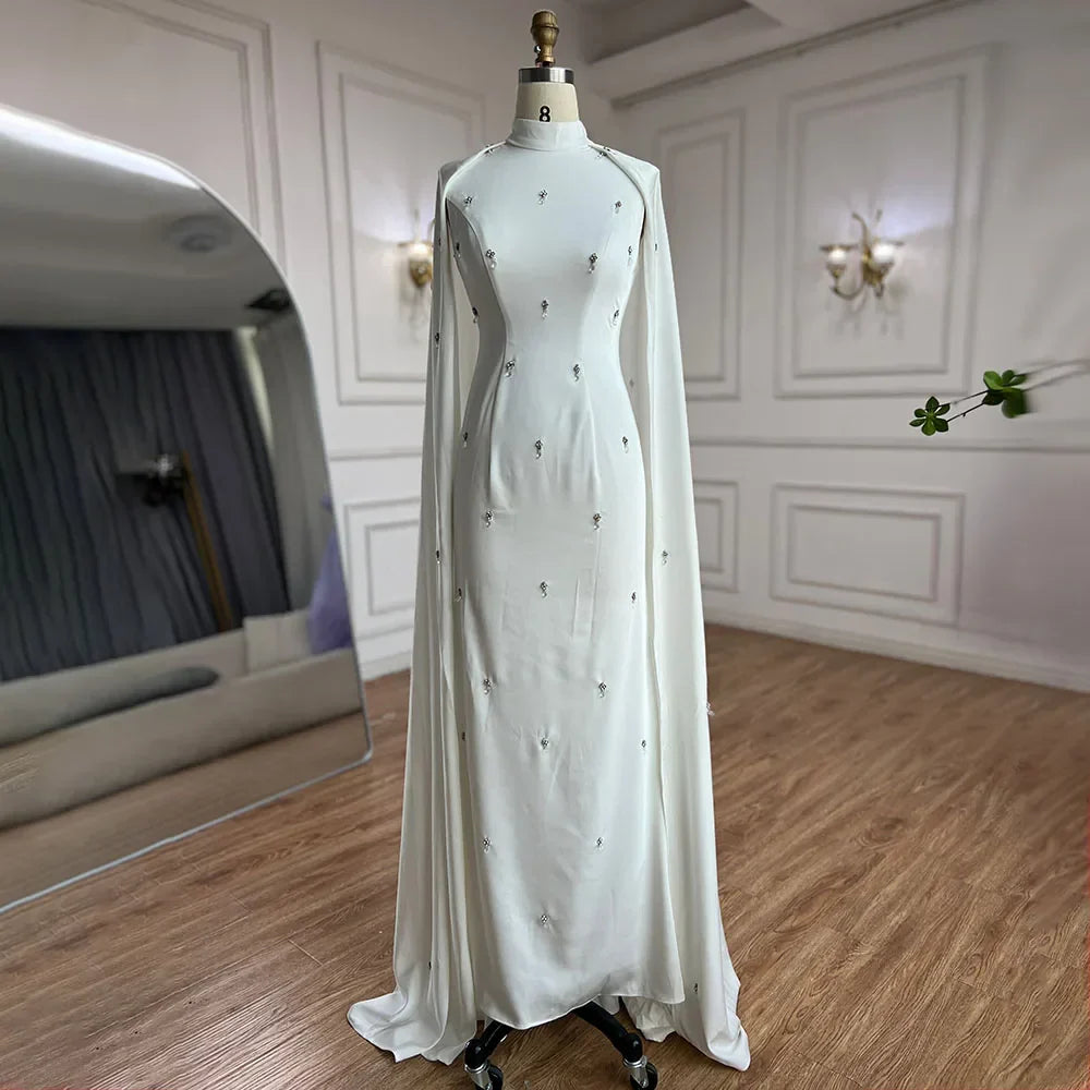 Arabic White Hijabs Mermaid Elegant Long Cloak Beaded Satin Dubai Evening Dresses Gowns For Women Party LA72487