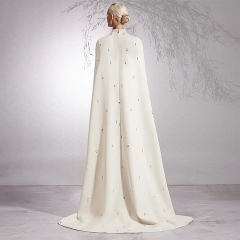 Robe de soirée élégante style sirène, hijab blanc, cape longue, perles, satin, Dubaï, pour femme, LA72487 
