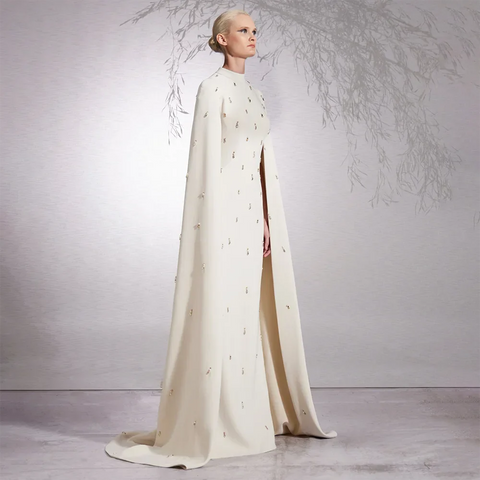 Robe de soirée élégante style sirène, hijab blanc, cape longue, perles, satin, Dubaï, pour femme, LA72487 