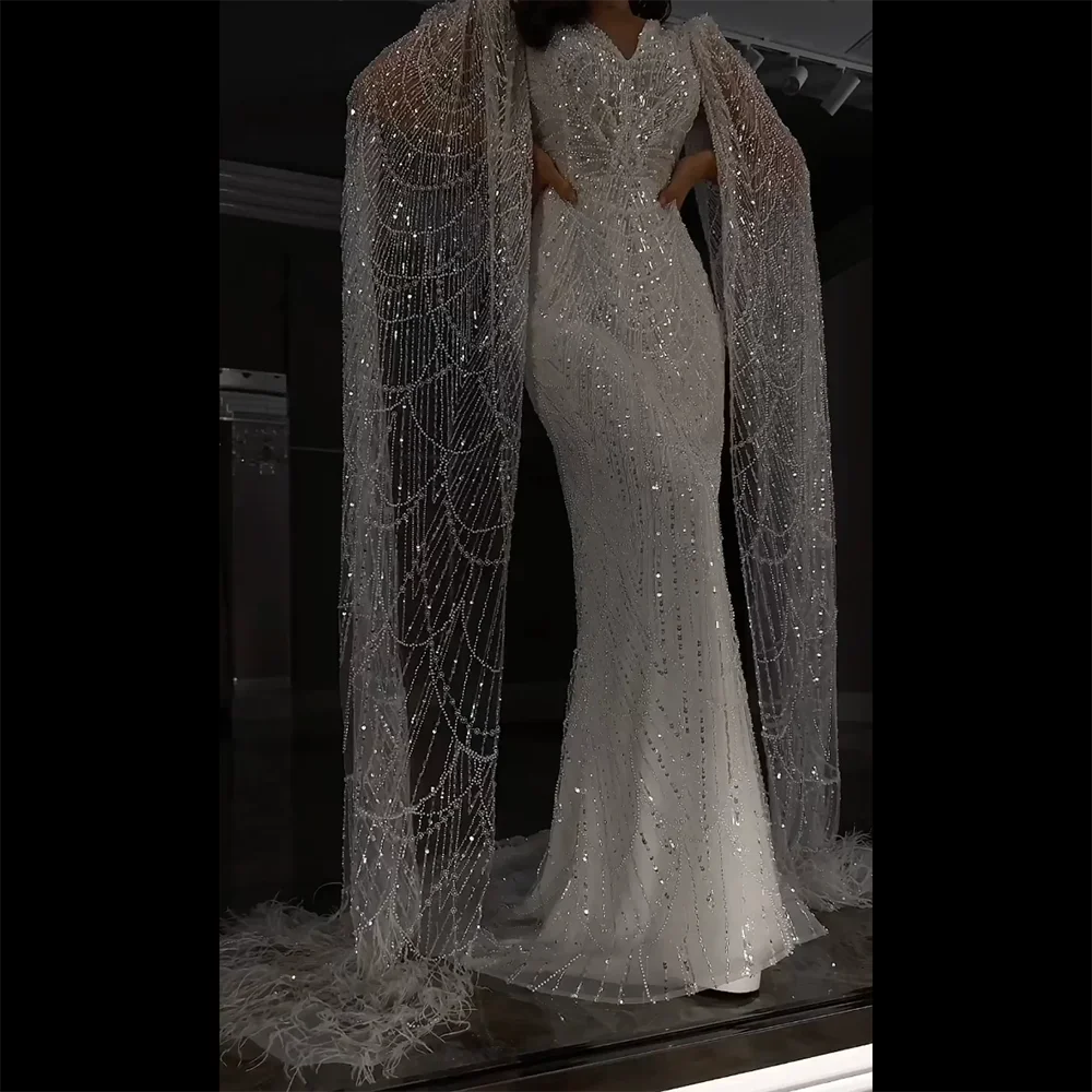 Luxury White Feather Evening Dress with Cape Sleeves LA72160