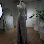 Robe de soirée élégante style sirène, asymétrique épaule dénudée, blanche et nude, avec perles, style arabe, pour femme, modèle LA72196, 2025 