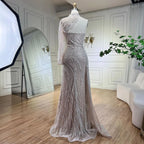 Robe de soirée élégante style sirène, asymétrique épaule dénudée, blanche et nude, avec perles, style arabe, pour femme, modèle LA72196, 2025 