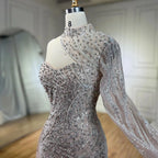 Robe de soirée élégante style sirène, asymétrique épaule dénudée, blanche et nude, avec perles, style arabe, pour femme, modèle LA72196, 2025 