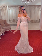 Vestidos de noche árabes blancos nude estilo sirena, elegantes, sexys, con hombros descubiertos, lentejuelas, de lujo, para fiestas 2025 LA71892 