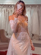 Vestidos de noche árabes blancos nude estilo sirena, elegantes, sexys, con hombros descubiertos, lentejuelas, de lujo, para fiestas 2025 LA71892 