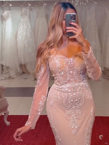 Arabic White Nude Mermaid Elegant Sexy Off The Shoulder Evening Dresses Gowns Luxury Sequined 2025 Party LA71892