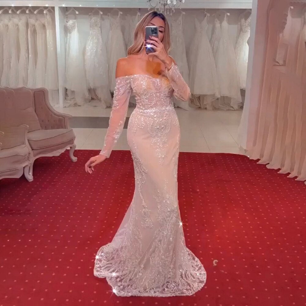 Vestidos de noche árabes blancos nude estilo sirena, elegantes, sexys, con hombros descubiertos, lentejuelas, de lujo, para fiestas 2025 LA71892 