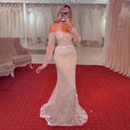 Vestidos de noche árabes blancos nude estilo sirena, elegantes, sexys, con hombros descubiertos, lentejuelas, de lujo, para fiestas 2025 LA71892 