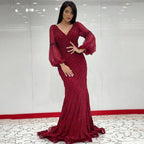 Vestidos de noche elegantes de sirena color rojo vino árabe con mangas abullonadas, encaje y cuentas, para mujer, ideales para bodas y fiestas (LA71927) 