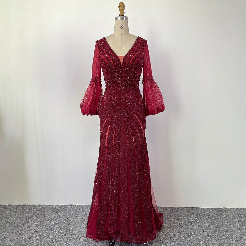 Arabic Wine Red Elegant Mermaid Puff Sleeves Lace Beaded Evening Dresses Gowns 2025 For Women Wedding Party LA71927