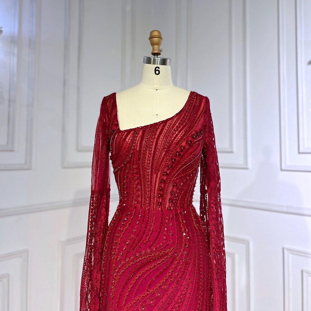 Robe de soirée élégante style sirène rouge vin arabe, manches cape, perles, luxueuse, pour femme, 2025, LA71838 