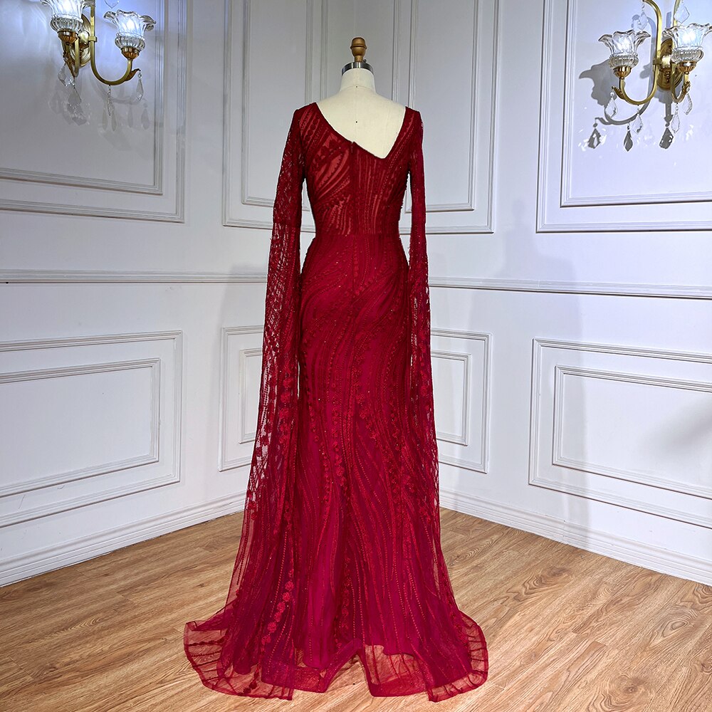 Robe de soirée élégante style sirène rouge vin arabe, manches cape, perles, luxueuse, pour femme, 2025, LA71838 
