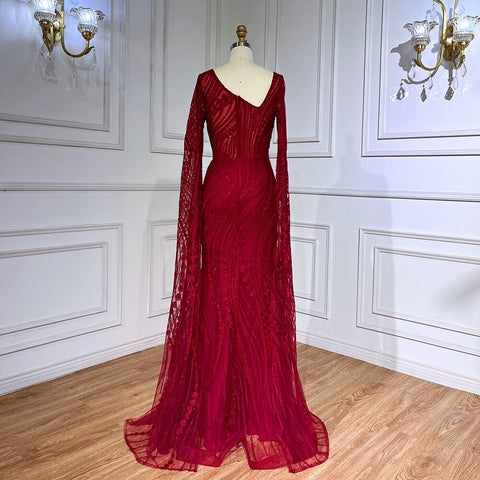 Robe de soirée élégante style sirène rouge vin arabe, manches cape, perles, luxueuse, pour femme, 2025, LA71838 