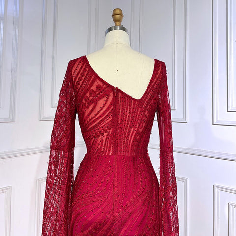 Robe de soirée élégante style sirène rouge vin arabe, manches cape, perles, luxueuse, pour femme, 2025, LA71838 