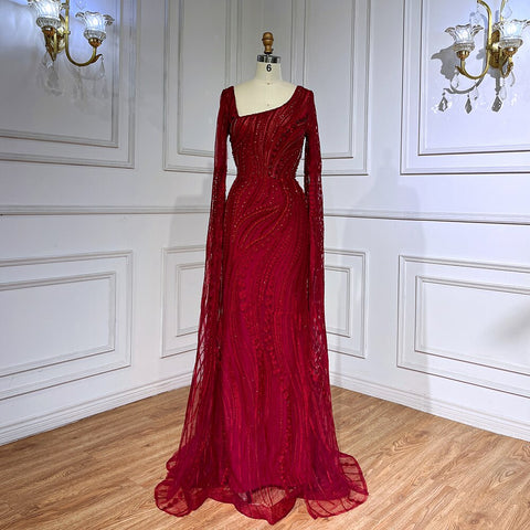 Robe de soirée élégante style sirène rouge vin arabe, manches cape, perles, luxueuse, pour femme, 2025, LA71838 