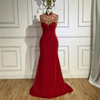 Robe de soirée sirène élégante en satin rouge vin arabe, luxueuse, avec perles, pour femme, tenue de mariage, Dubaï, 2025, LA72556 