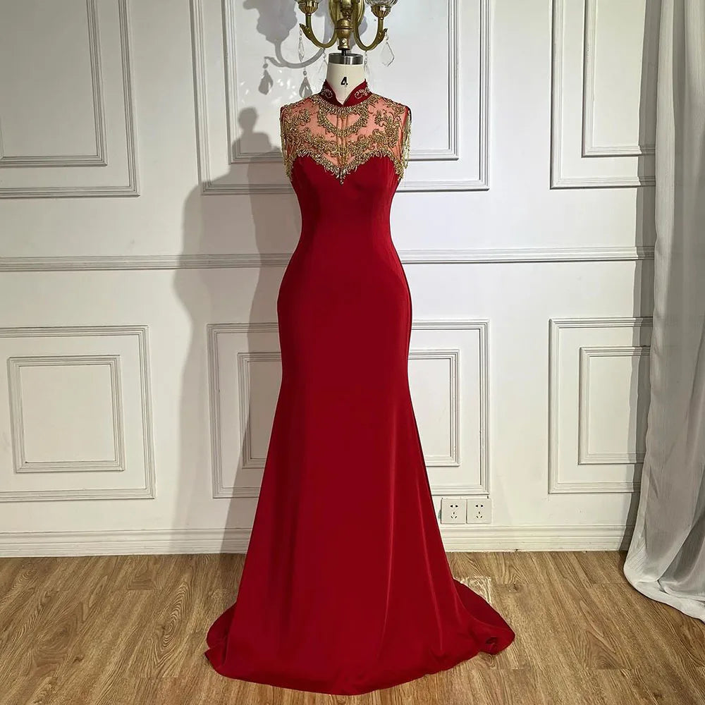 Robe de soirée sirène élégante en satin rouge vin arabe, luxueuse, avec perles, pour femme, tenue de mariage, Dubaï, 2025, LA72556 