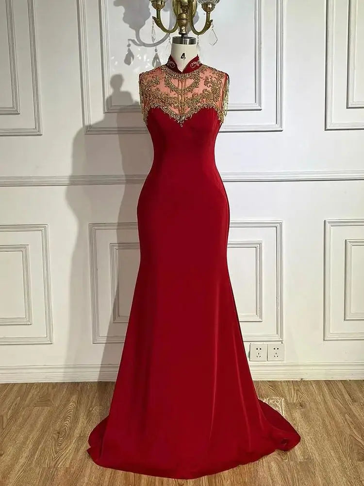 Robe de soirée sirène élégante en satin rouge vin arabe, luxueuse, avec perles, pour femme, tenue de mariage, Dubaï, 2025, LA72556 