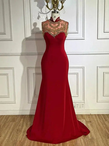 Arabic Wine Red Mermaid Elegant Satin Beaded Luxury Dubai Evening Dresses Gowns For Women Wedding Party 2025 LA72556