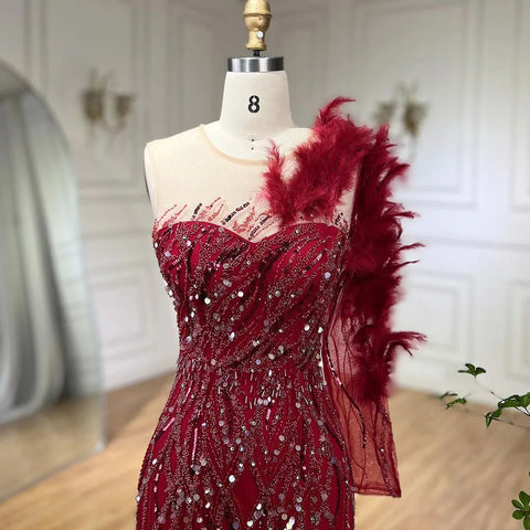 Robe de soirée sirène rouge vin arabe, luxueuse, plumes, perles, élégante, pour femme, fête de mariage, 2025, LA71076 