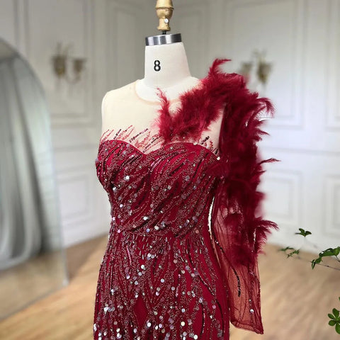 Robe de soirée sirène rouge vin arabe, luxueuse, plumes, perles, élégante, pour femme, fête de mariage, 2025, LA71076 