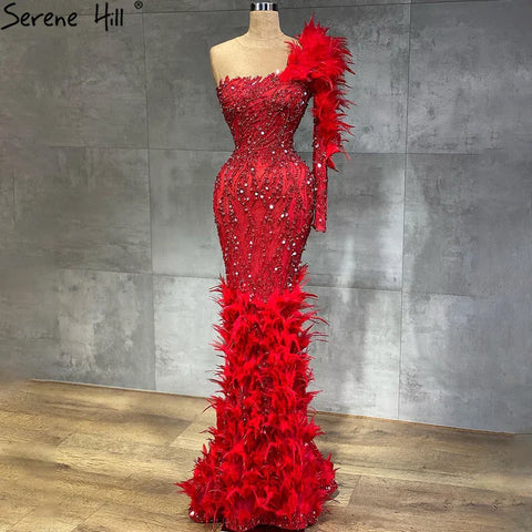 Robe de soirée sirène rouge vin arabe, luxueuse, plumes, perles, élégante, pour femme, fête de mariage, 2025, LA71076 