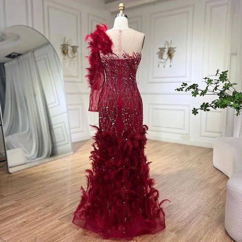 Robe de soirée sirène rouge vin arabe, luxueuse, plumes, perles, élégante, pour femme, fête de mariage, 2025, LA71076 