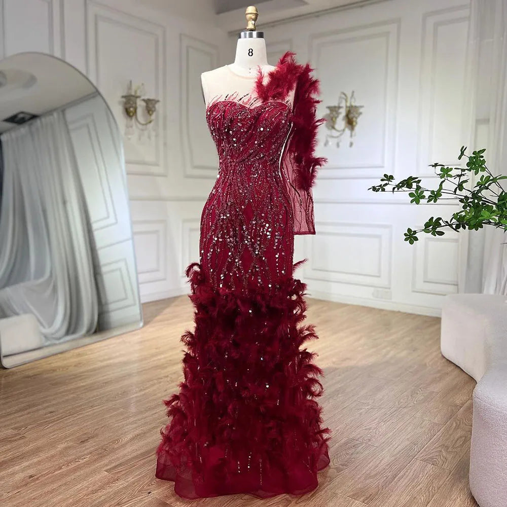 Robe de soirée sirène rouge vin arabe, luxueuse, plumes, perles, élégante, pour femme, fête de mariage, 2025, LA71076 