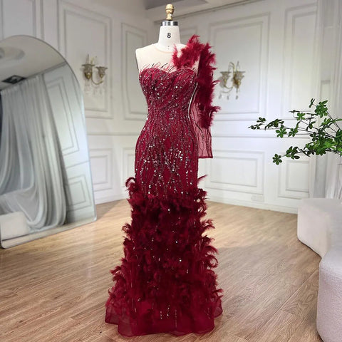Robe de soirée sirène rouge vin arabe, luxueuse, plumes, perles, élégante, pour femme, fête de mariage, 2025, LA71076 