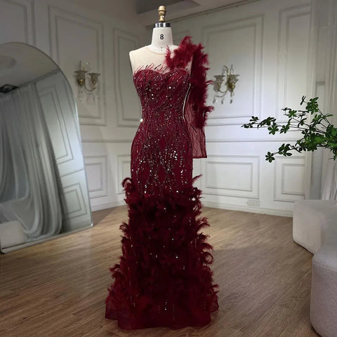 Robe de soirée sirène rouge vin arabe, luxueuse, plumes, perles, élégante, pour femme, fête de mariage, 2025, LA71076 