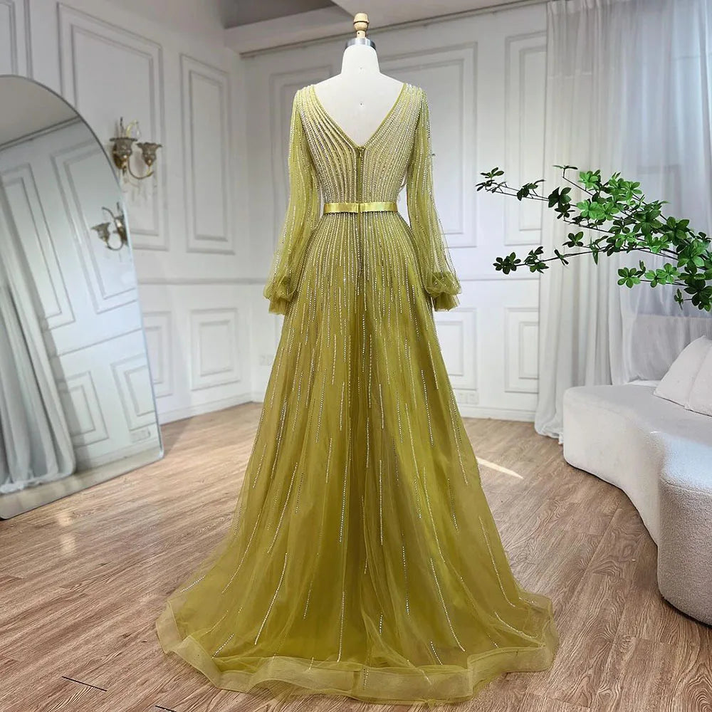 Robe de soirée élégante jaune style arabe, coupe trapèze, perlée, luxueuse, Dubaï, pour femmes, fête de mariage, 2025, LA72300 