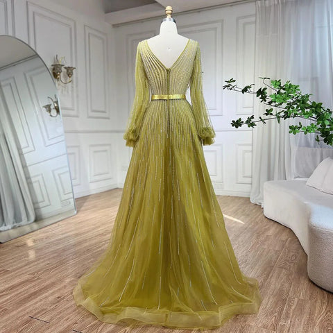 Arabic Yellow A Line Elegant Beaded Luxury Dubai Evening Dresses Gowns For Women Wedding Party 2025 LA72300