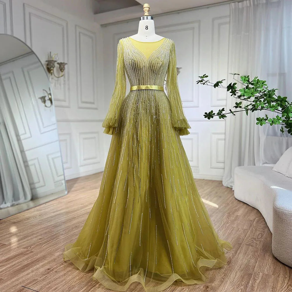Robe de soirée élégante jaune style arabe, coupe trapèze, perlée, luxueuse, Dubaï, pour femmes, fête de mariage, 2025, LA72300 