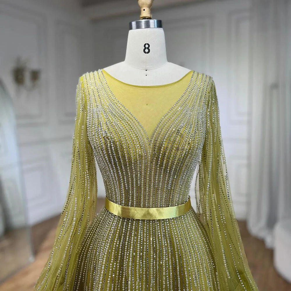Robe de soirée élégante jaune style arabe, coupe trapèze, perlée, luxueuse, Dubaï, pour femmes, fête de mariage, 2025, LA72300 