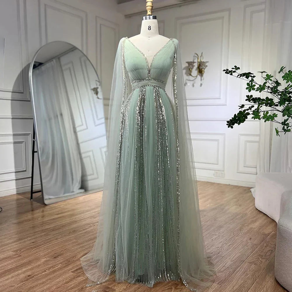 Robe de soirée de luxe à manches cape jaunes style arabe, style Dubaï, coupe trapèze, avec perles, pour mariage, pour femme, 2025, LA72279 
