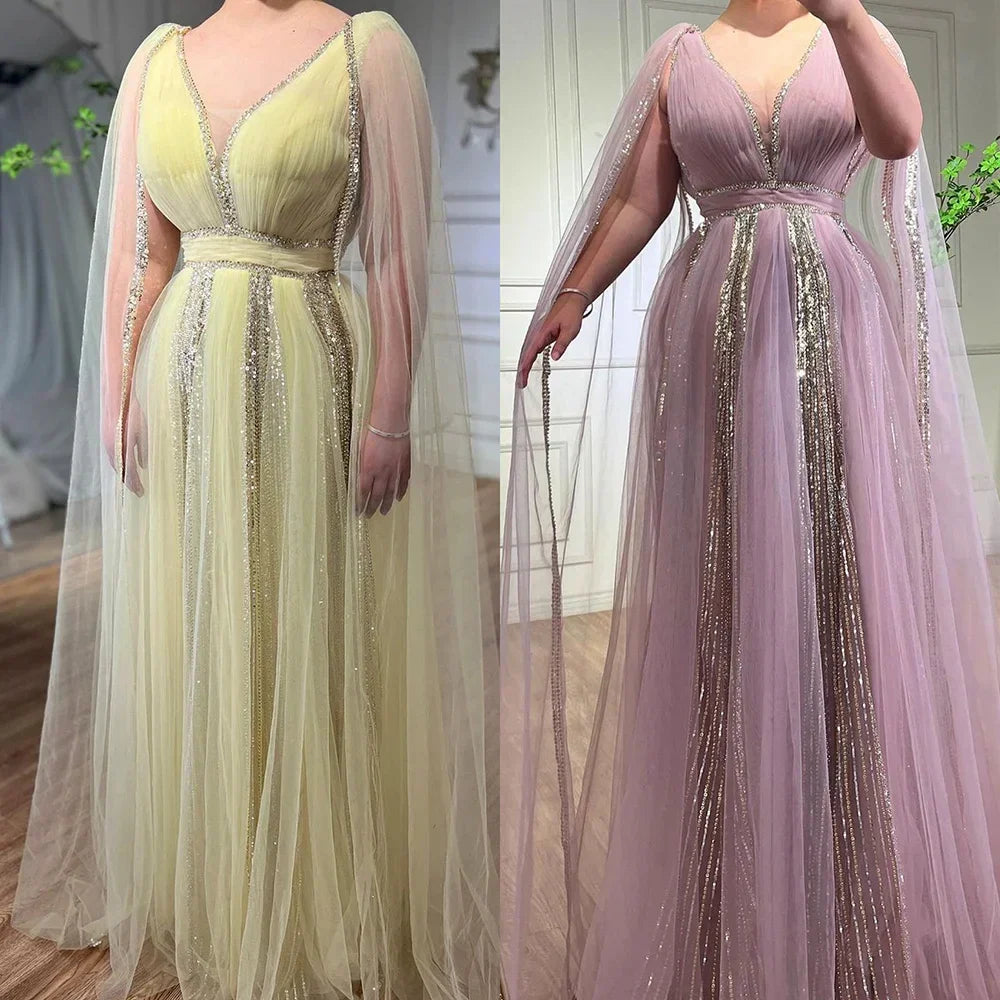 Robe de soirée de luxe à manches cape jaunes style arabe, style Dubaï, coupe trapèze, avec perles, pour mariage, pour femme, 2025, LA72279 