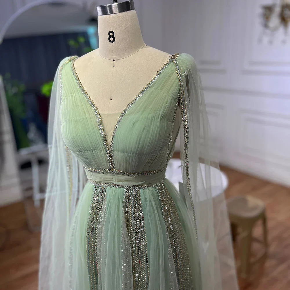 Robe de soirée de luxe à manches cape jaunes style arabe, style Dubaï, coupe trapèze, avec perles, pour mariage, pour femme, 2025, LA72279 