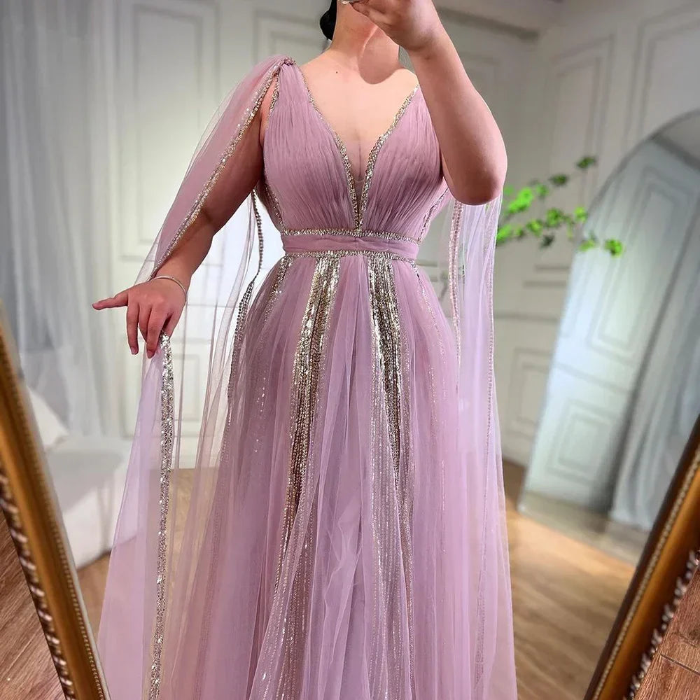Robe de soirée de luxe à manches cape jaunes style arabe, style Dubaï, coupe trapèze, avec perles, pour mariage, pour femme, 2025, LA72279 
