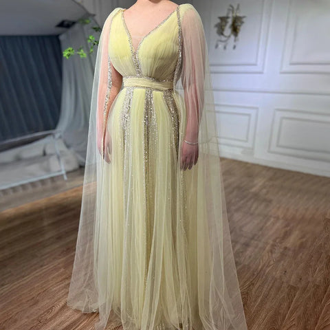 Arabic Yellow Cape Sleeves Luxury Dubai Evening Dresses A Line Beaded Wedding Party Gowns For Women 2025 LA72279