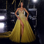 Robe de soirée de luxe à perles, style arabe jaune, sexy, fendue haute, style Dubaï, pour femmes, fête de mariage, 2025, LA71916 