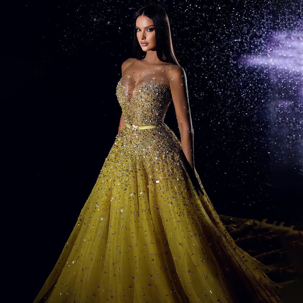 Robe de soirée de luxe à perles, style arabe jaune, sexy, fendue haute, style Dubaï, pour femmes, fête de mariage, 2025, LA71916 