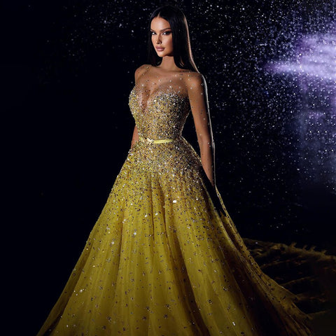 Robe de soirée de luxe à perles, style arabe jaune, sexy, fendue haute, style Dubaï, pour femmes, fête de mariage, 2025, LA71916 