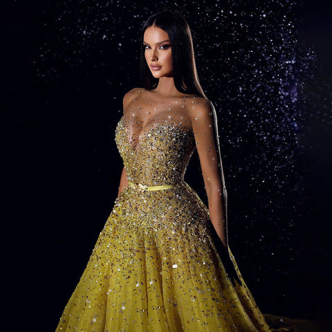Robe de soirée de luxe à perles, style arabe jaune, sexy, fendue haute, style Dubaï, pour femmes, fête de mariage, 2025, LA71916 