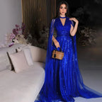 Vestidos de noche elegantes de corte A, estilo árabe, con mangas tipo capa y cuentas, en azul marino. Vestidos de lujo para mujer, ideales para bodas y fiestas (colección 2025, modelo LA72171). 