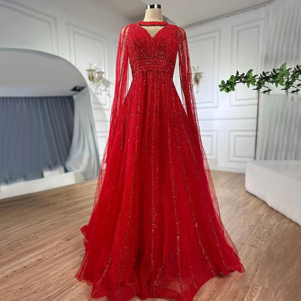 Vestidos de noche elegantes de corte A, estilo árabe, con mangas tipo capa y cuentas, en azul marino. Vestidos de lujo para mujer, ideales para bodas y fiestas (colección 2025, modelo LA72171). 