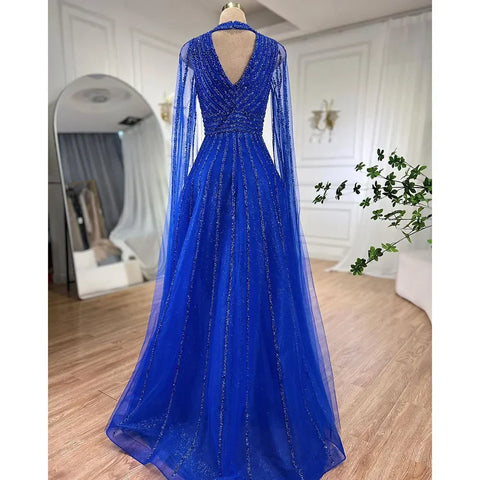 Arabic blue A Line Elegant Cape Sleeves Beaded Evening Dresses Luxury Gowns 2025 For Women Wedding Party LA72171
