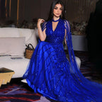 Vestidos de noche elegantes de corte A, estilo árabe, con mangas tipo capa y cuentas, en azul marino. Vestidos de lujo para mujer, ideales para bodas y fiestas (colección 2025, modelo LA72171). 
