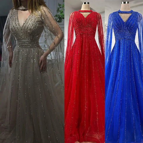 Arabic blue A Line Elegant Cape Sleeves Beaded Evening Dresses Luxury Gowns 2025 For Women Wedding Party LA72171
