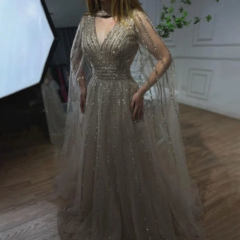 Arabic blue A Line Elegant Cape Sleeves Beaded Evening Dresses Luxury Gowns 2025 For Women Wedding Party LA72171